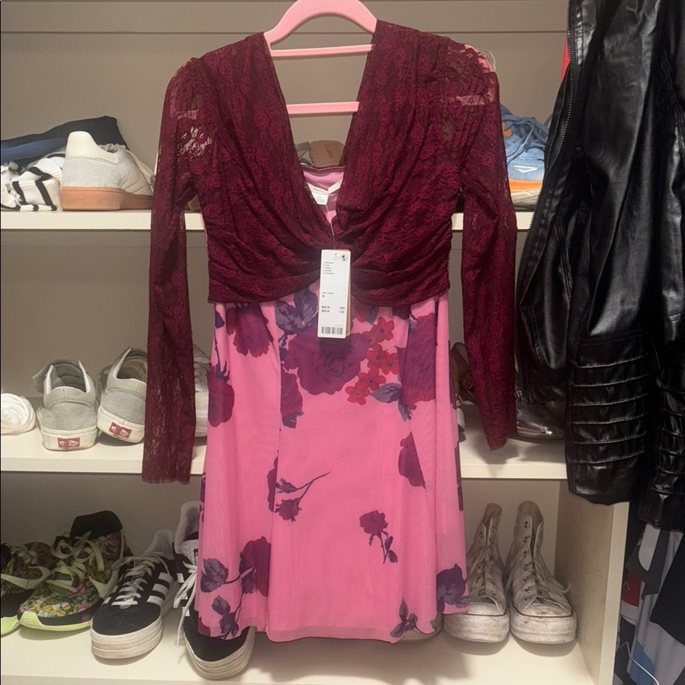 Pink and Burgundy Floral Dress urban outfitters kimchi blue